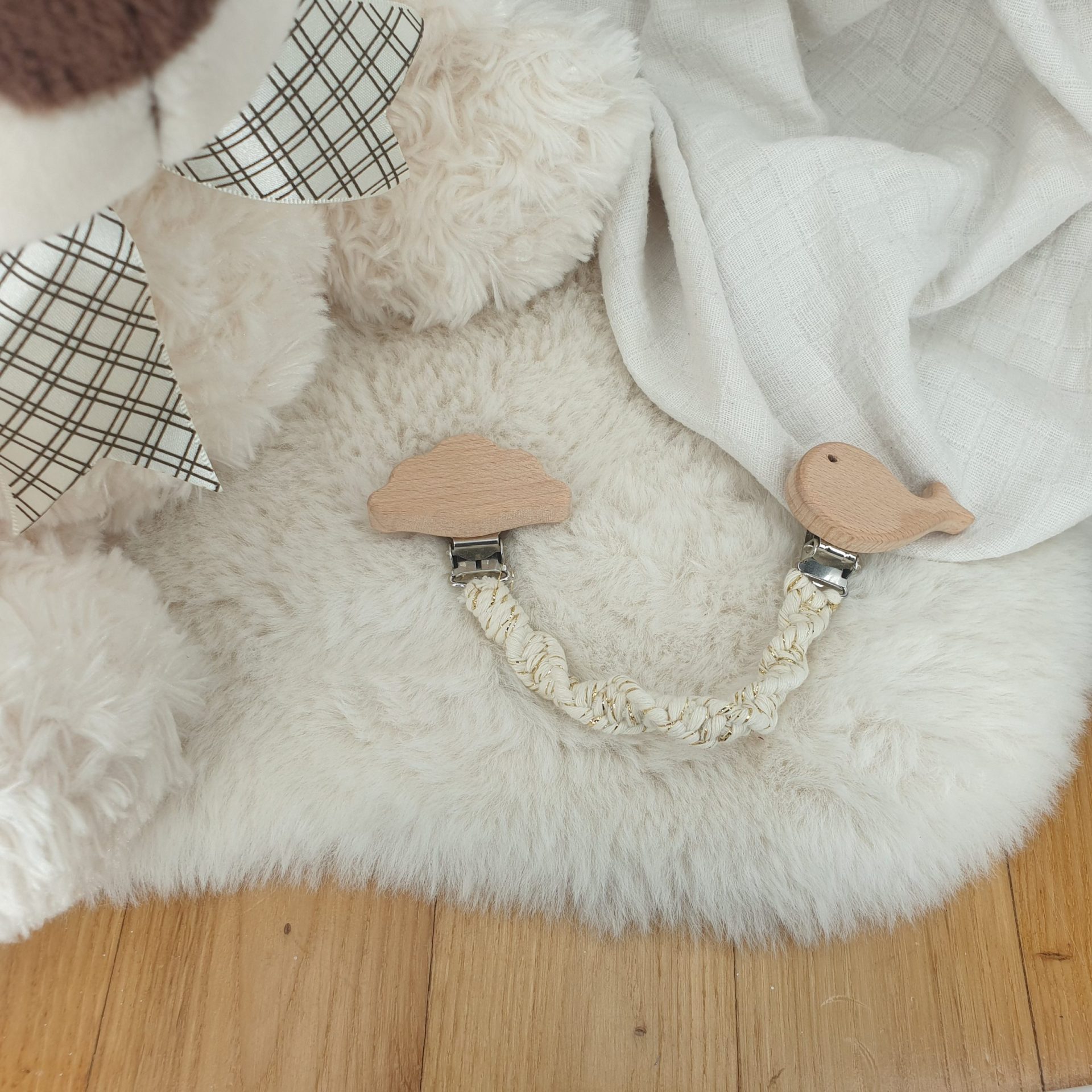 Attache Doudou - Beige et Doré & Attache Baleine et Nuage